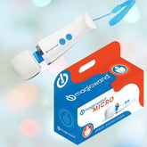 An image shows the "Magic Wand Micro Wand Massager" by Magic Wand next to its box. This portable, pocket-sized handheld device is white, featuring blue buttons and a strap for convenience. The packaging emphasizes the micro wand's powerful performance and compact design, highlighting its USB-C rechargeable feature for modern ease.